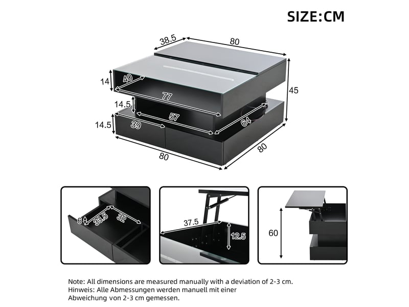  Table basse relevable 80x80x45 cm avec rangement, led, panneaux de particules noir  - Conforama E