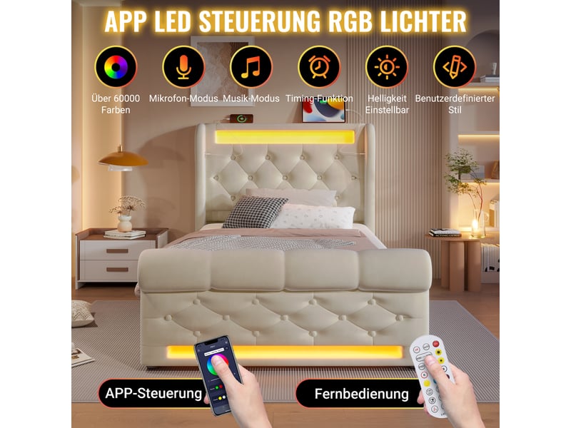  Lit coffre, lit enfant 90x200 cm, tête de lit avec rangement, led, usbusb-c, velours beige, matelas inclus  - Conforama W