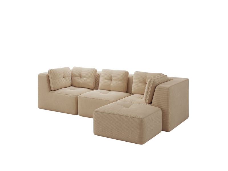  Canapé d'angle modulable 3 places en velours côtelé beige avec ottomane - 297 x 177 x 69 cm  - Conforama A