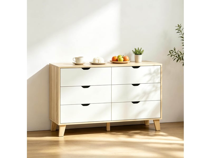  Commode 6 tiroirs 120x40x76 cm, panneau de particules, avec 5 pieds robustes, bicolore blanc et chêne  - Conforama B