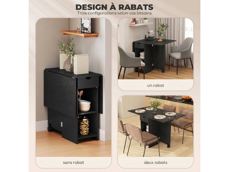  Table à manger pliante, table de cuisine extensible pour 2 à 4 personnes, 120 x 72 x 75 cm, 2 abattants, noir  - Conforama E
