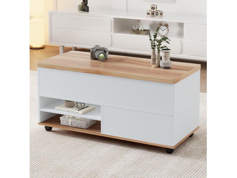  Table basse relevable 100x98x65 cm avec rangements (tiroir+placard) panneau particules, couleur bois et blanc  - Conforama E