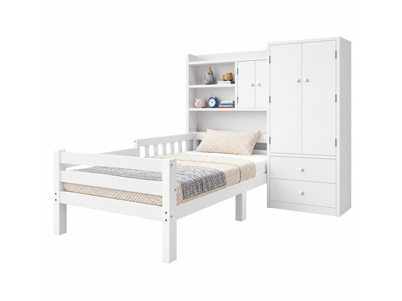 Lit enfant 90 x 200 cm avec armoire intégrée, tiroirs et étagères ouvertes, lit simple en bois blanc avec garde-corps et sommier à lattes  - Conforama A