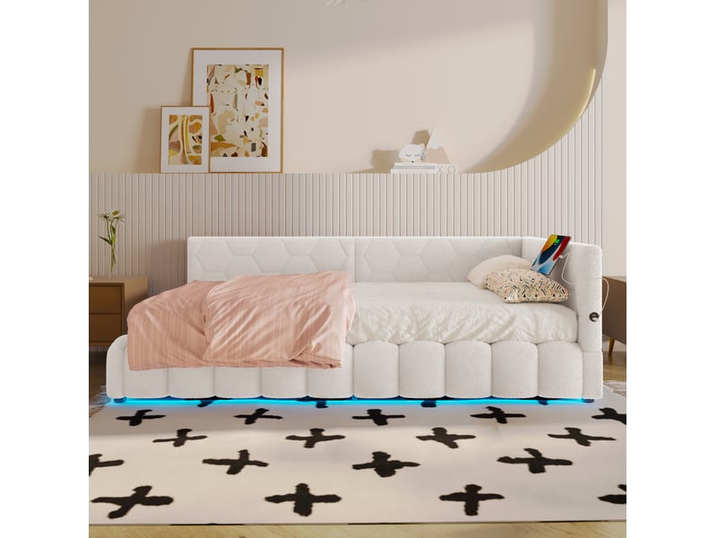  Lit banquette coffre 90x200 cm blanc avec led, usb et type-c, sans matelas  - Conforama D