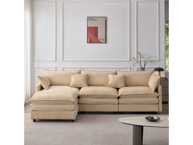 Canapé d'angle chenille 3 places avec méridienne et pouf, couleur café clair, structure bois massif - Conforama B