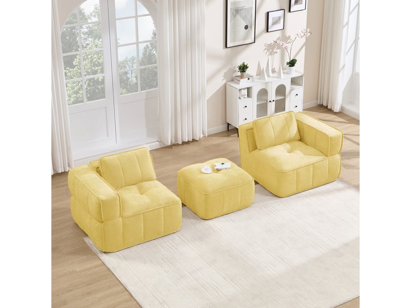  Canapé modulable deux places jaune avec pouf, assise profonde et mousse haute densité 32d pour salon et appartement  - Conforama C
