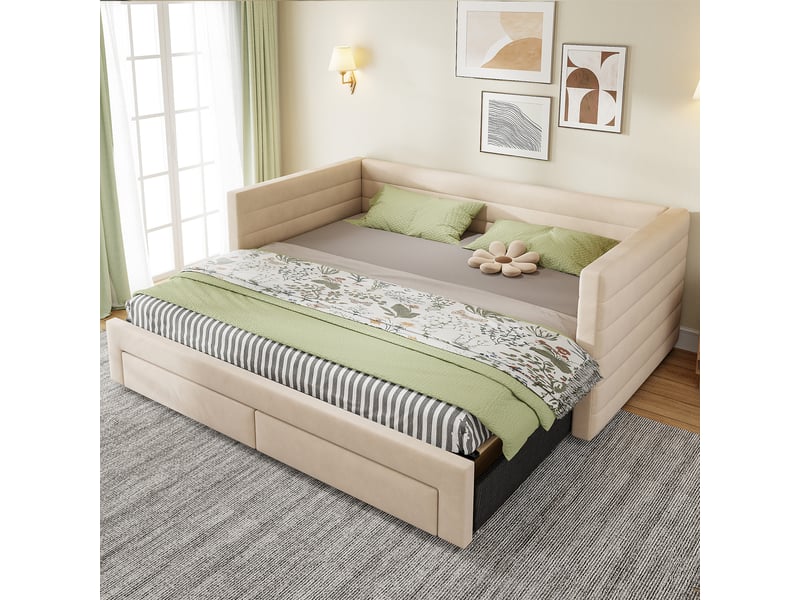  Lit banquette enfant 3-en-1 90180 x 190 cm avec 2 tiroirs et sommier à lattes, coton-lin, beige Fay Lum - Conforama D