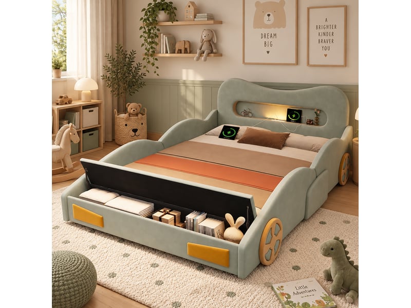  Lit enfant modenvie voiture rembourré 140 x 200 cm flanelle vert avec rangement  - Conforama E