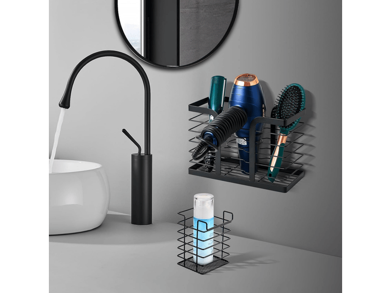  Porte seche cheveux mural sans percage - support seche cheveux et lisseur salle de bain pour accessoires chauds, brosse, produits,noir  - Conforama D