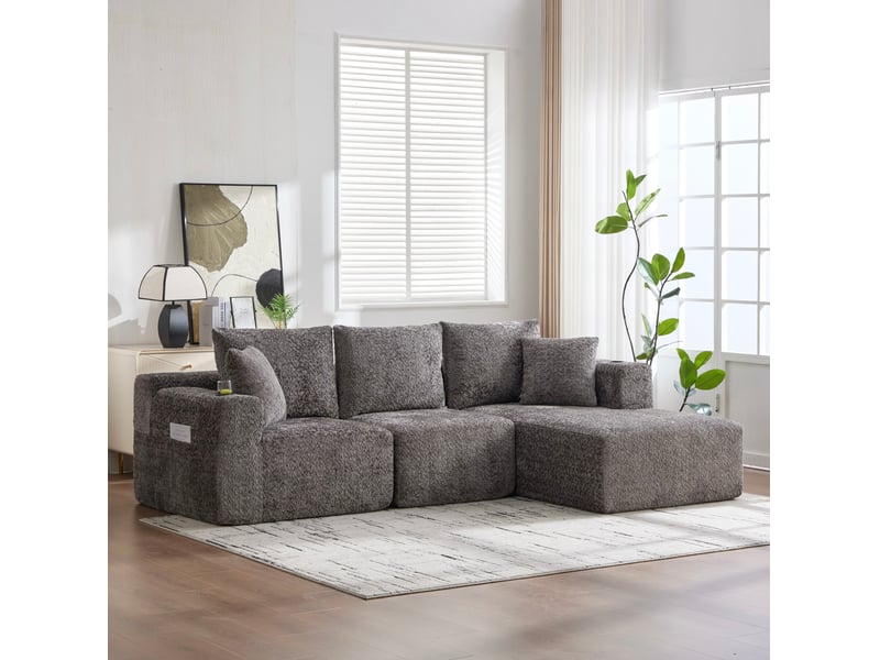  Canapé d'angle ulevr modulable 3 places 261 x 164 cm, méridienne, assise profonde, porte-gobelets, chenille gris foncé  - Conforama D