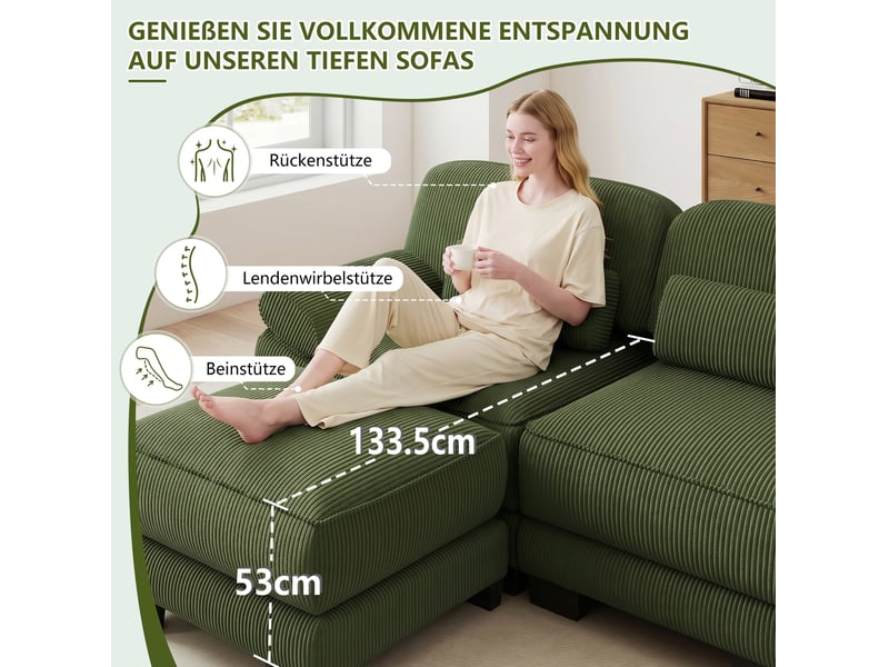  Canapé modulable 3 places 265x161x94 cm avec 2 poufs, assise profonde, coussins d’assise épais, velours côtelé, vert  - Conforama D
