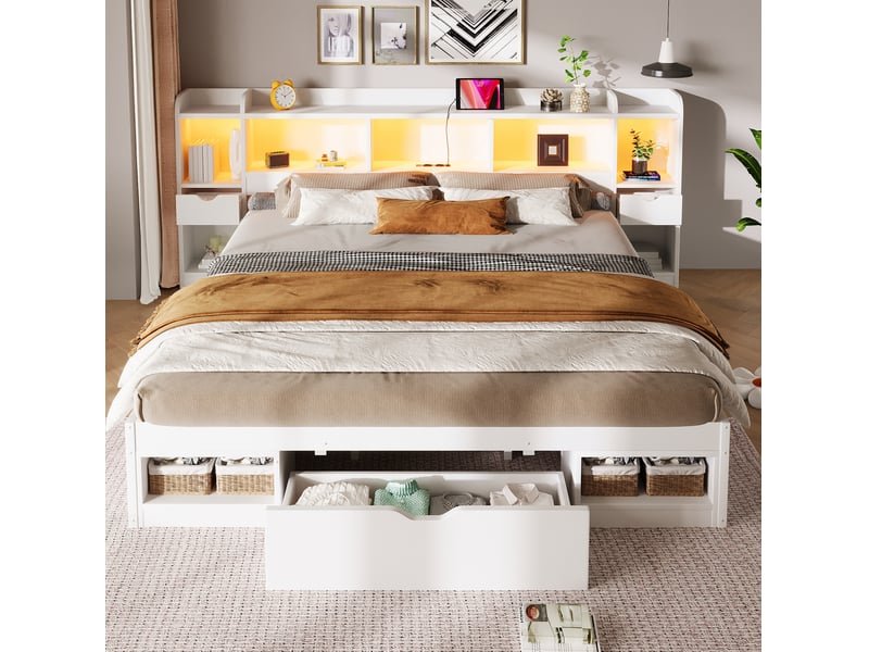  Lit double 180 × 200 cm avec 3 tiroirs, niches, éclairage led et port usb, structure mdf, pour chambre, blanc  - Conforama D