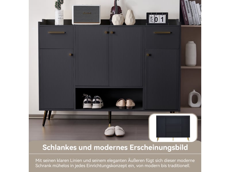  Meuble à chaussures noir 130x37x100 cm, 2 tiroirs, 4 portes, pieds en métal, rangement polyvalent  - Conforama B