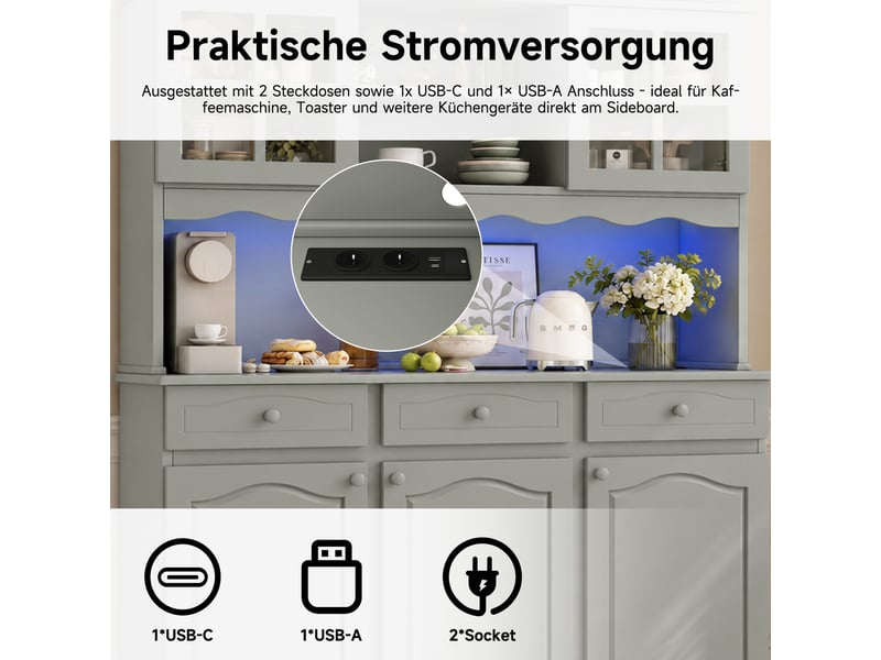  Buffet haut de cuisine 135 x 40 x 185 cm gris avec led colorée, prises, usb-c et usb-a, étagères réglables et rangements multiples pour cuisine  - Conforama E