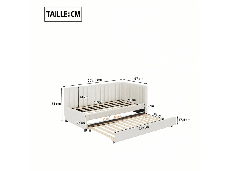  Lit banquette convertible 90 x 200 cm, canapé-lit avec lit gigogne en velours beige  - Conforama C
