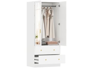 Armoire avec miroir, 2 portes, 2 tiroirs et tringle, 80 x 50 x 180 cm, blanche