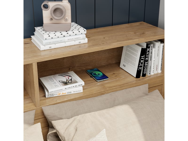  Lit enfant 90 x 200 cm avec tiroir, étagères et placards de rangement, sommier à lattes, contreplaqué naturel  - Conforama E