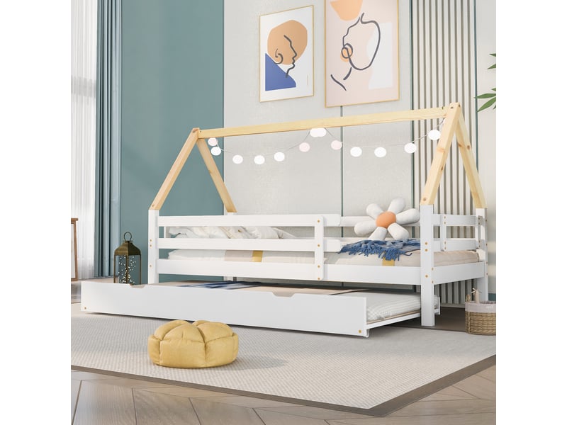  Lit enfant maison avec tiroir-lit roulant, structure blanche et toit naturel, 90x200 &amp; 90x190cm  - Conforama D