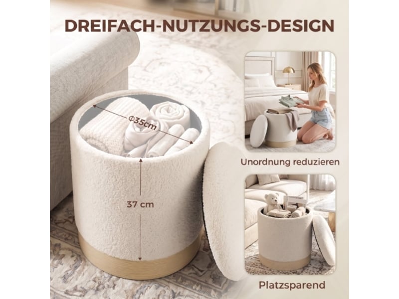  Pouf rond crème 38 cm avec revêtement sherpa, rangement et pied métal effet bois  - Conforama E