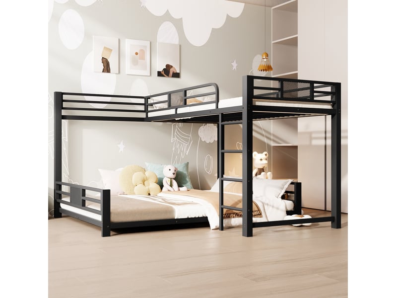  Lit superposé en métal 90x200 et 140x200, gain de place et sécurité, noir, sans matelas  - Conforama E