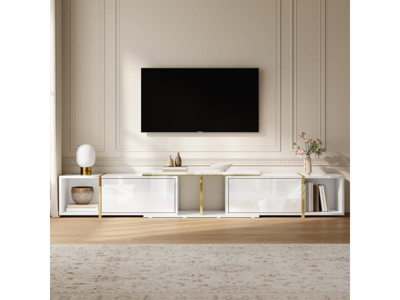 Meuble tv extensible à façades brillantes – design moderne, étagères ouvertes, panneau de particules - Conforama B