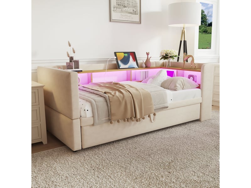  Lit canapé capitonné 90180*190cm, couchage extractible, éclairage led, prises et compartiments, flanelle beige  - Conforama E