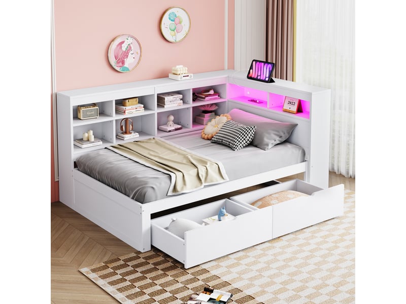 Lit coffre 90x200 cm avec rangements, led et usb, pin blanc, sans matelas - Conforama B