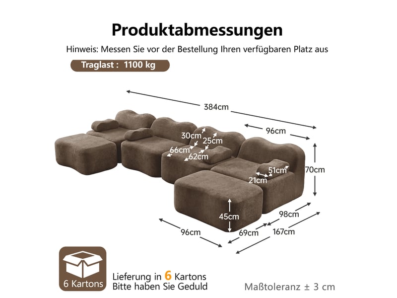Canapé d'angle modulable 4 places en velours marron avec 2 poufs, forme u et confort pour le salon - Conforama C