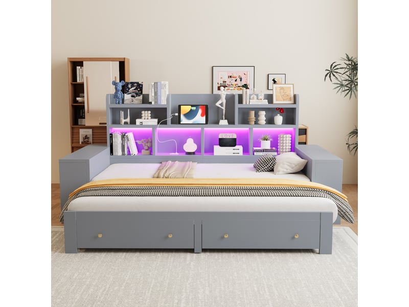 Canapé-lit convertible 90/180x200 cm, rangements multiples, led et prise, gris, sans matelas - Conforama W