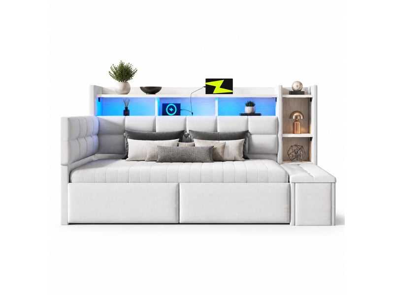  Lit banquette 90x190 cm avec 2 tiroirs, usb et port type-c, mdf, blanc sans matelas  - Conforama A