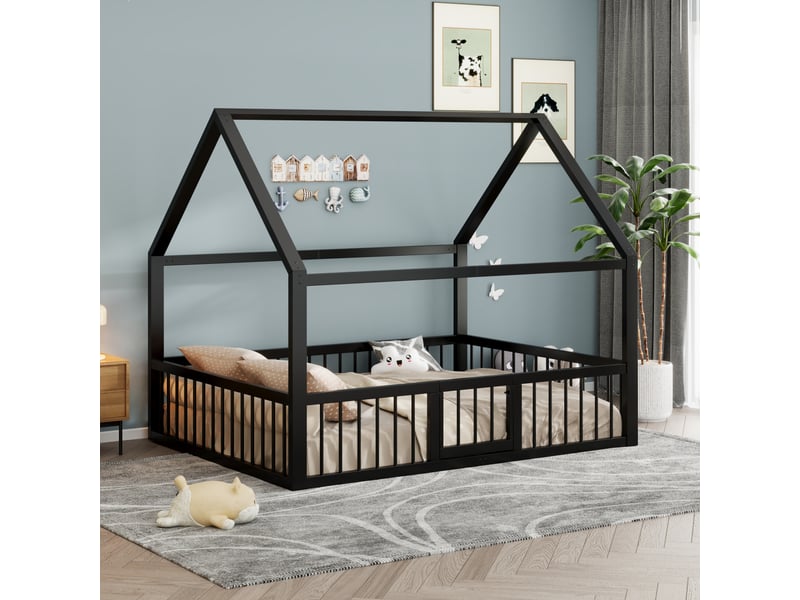 Lit cabane enfant 140 × 200 cm 2 places avec barrières et portillon, sans matelas, en métal, noir  - Conforama E