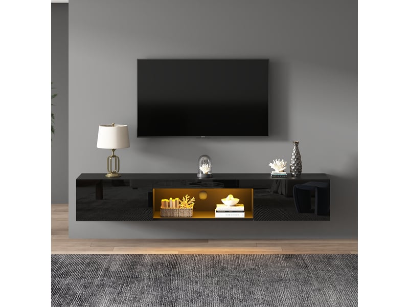 Meuble tv mural noir haute brillance avec led 160x31x22 cm pour tv 70 pouces, design moderne et rangement suspendu - Conforama B