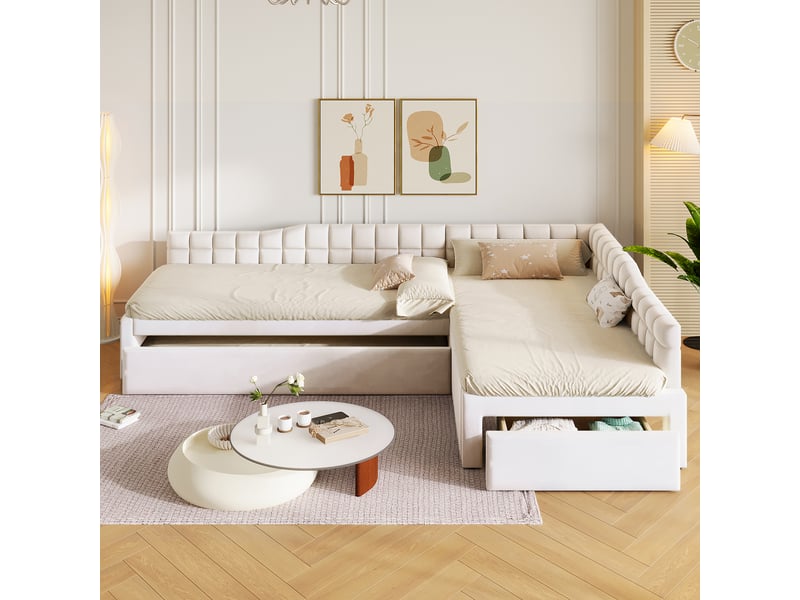Lit superposé en l 90x200 cm avec lit gigogne, tiroirs et velours beige, sans matelas - Conforama R