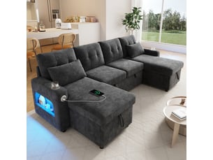 Canapé d'angle panoramique convertible <strong></strong> <strong>Morn Vibe</strong> 4 places Tissu gris avec coffre de rangement