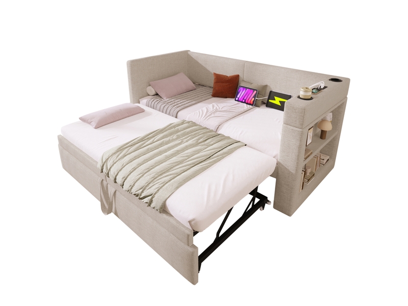  Lit banquette gigogne, 90x200 cm, accoudoirs réversibles, usb, porte-gobelets, chambre, bois et métal, coloris beige  - Conforama A