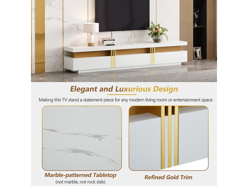  Ensemble meuble tv blanc et table basse, effet marbre brillant et détails dorés, rangement moderne avec 5 tiroirs pour salon  - Conforama E