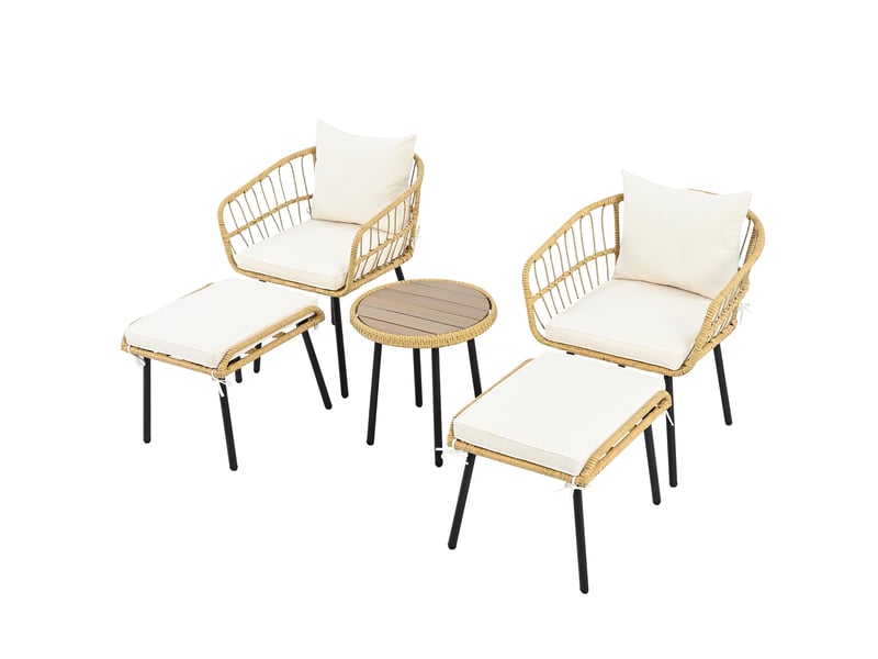 Ensemble salon de jardin en rotin 5 pièces naturel, 1 table, 2 chaises et 2 tabourets - Conforama E