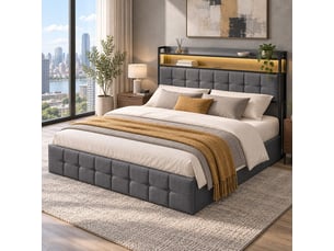 Lit coffre 2 places 160x200 cm, lit adulte avec rangement, led, port usb, tissu en fond, lin gris