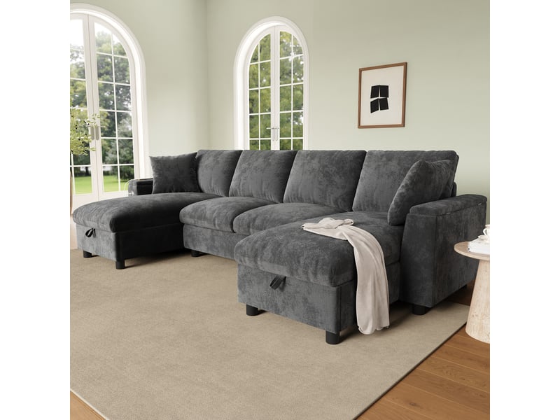  Canapé en u gris en chenille, 4 places avec deux méridiennes, rangement intégré et ports usb et usb-c, 279 x 135 x 84 cm  - Conforama B