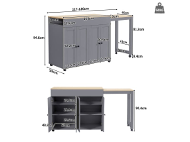  Table haute cuisine extensible 117-180 cm îlot central cuisine avec rangement 6 étagères mange-debout mdf gris  - Conforama C