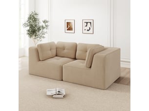 Canapé d'angle modulable 2 places en velours côtelé beige, sans montage, assise profonde, design sans cadre