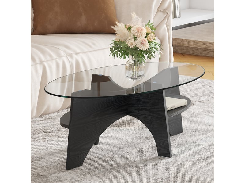  Table basse ovale en verre de sécurité avec plateau transparent et piètement fendu en mdf pour salon, 104,9 × 60 × 35,6 cm  - Conforama C