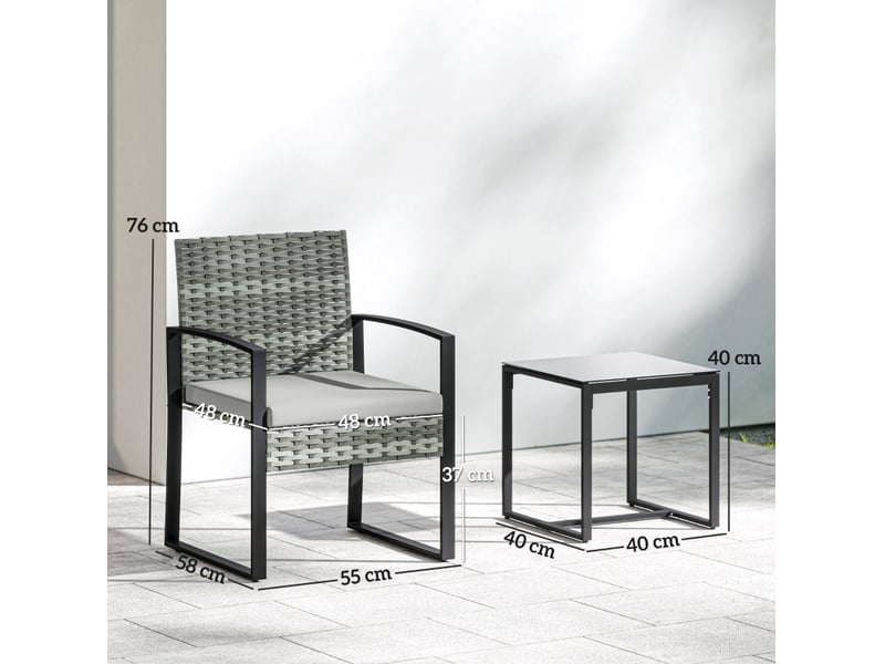  Salon de jardin 3 pièces en acier gris clair, fauteuils 55x58x76 cm, table 40x40x40 cm et coussins amovibles  - Conforama C