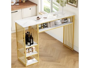 Table de bar,140x40x105 cm,avec rangement,mdf,effet marbre blanc et doré