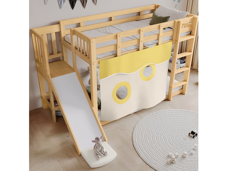 Lit superposé enfant ulevr avec toboggan et rideaux 90x200 cm, escalier, barrières de sécurité, bois et mdf, coloris naturel - Conforama D