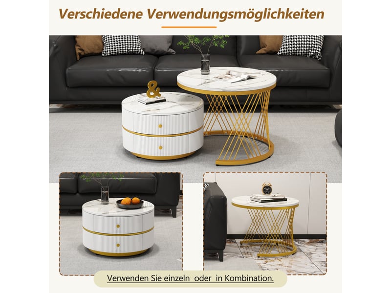  Ensemble 2 tables gigognes blanches finition marbre – 60×60×46 cm et 50×50×30,8 cm, 2 tiroirs  - Conforama E
