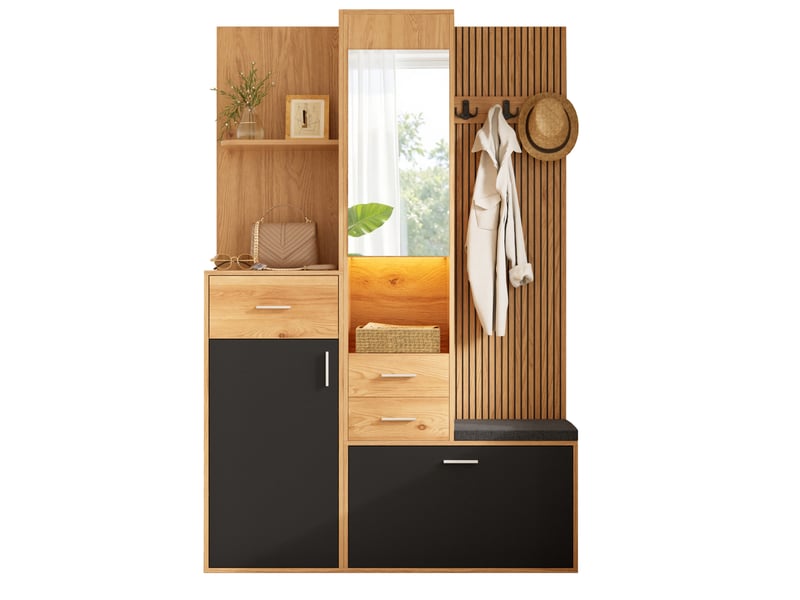  Meuble d'entrée avec miroir, banc, tiroirs, meuble à chaussures et led réglable, noir et naturel 120 × 32 × 178 cm  - Conforama A