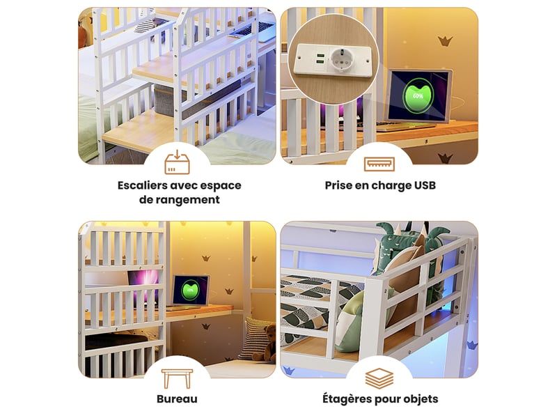  Lit superposé 3 couchages 90 x 200 cm avec bureau et rangement, en métal et mdf blanc, sans matelas  - Conforama W