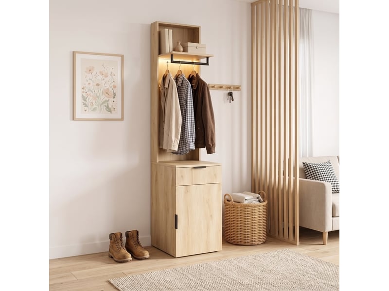  Garde-robe d'entrée 45x47x200 cm avec led et tiroir à bijoux, mdf, bois clair, rangement entrée et dressing, chambre  - Conforama D