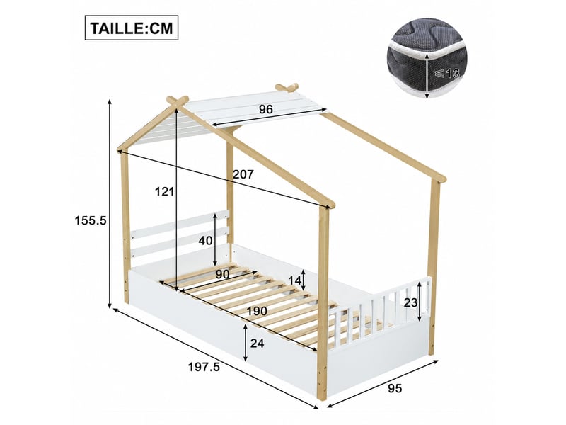  Lit cabane enfant 90x190 cm, sommier à lattes en contreplaqué, pin et mdf, blanc et naturel, sans matelas  - Conforama C